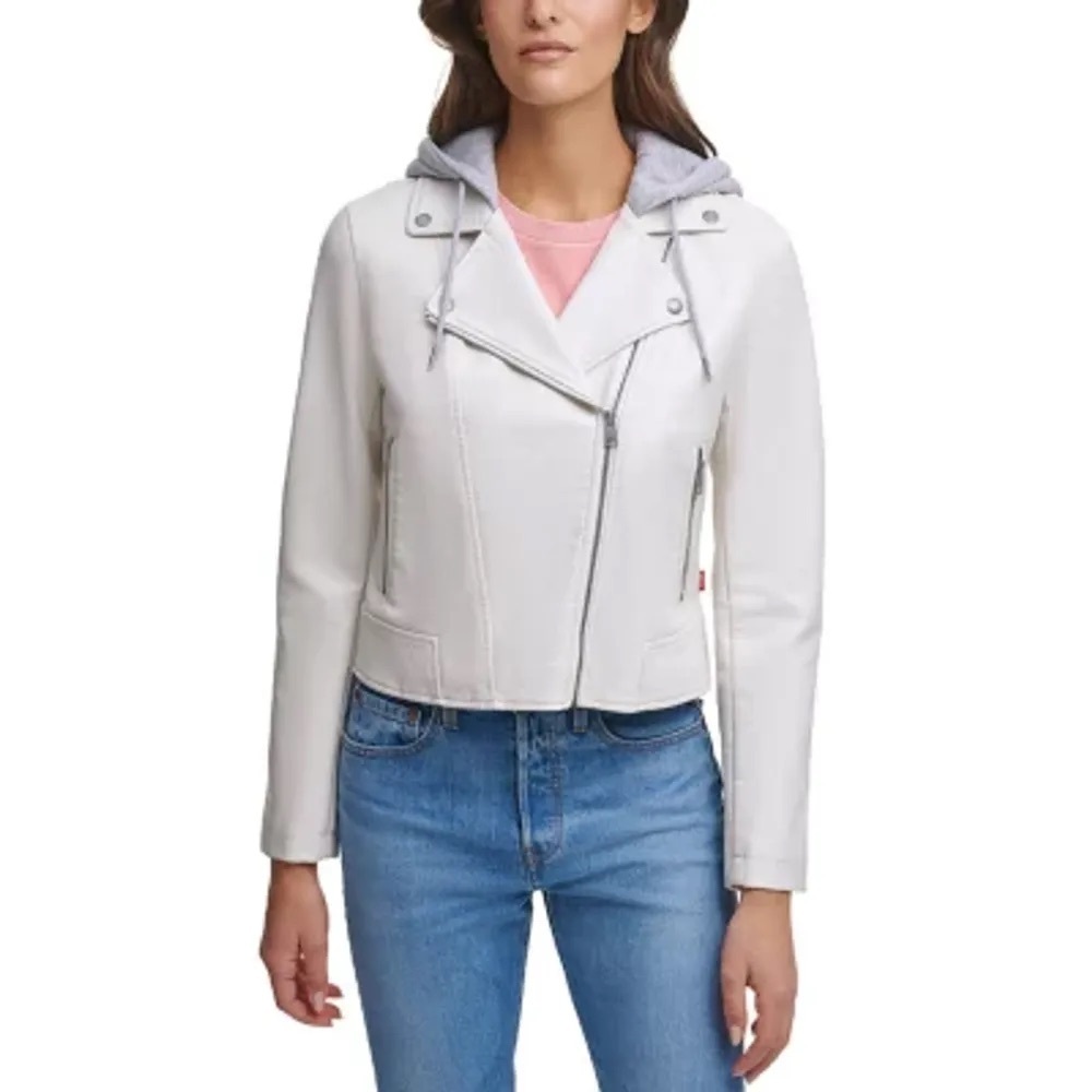 - Levi's Cream Leather Moto Jacket Asymmetrical Zipper